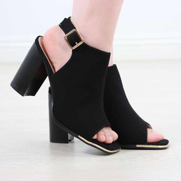 Block Heel Peep Toe Sandals Women’s Black Velvet Gold Buckle Ankle Strap - Picture 10 of 15